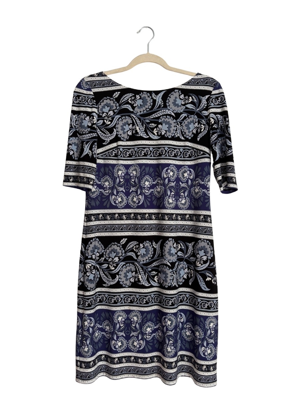 Eliza J Navy, Black and Light Gray Floral Stripe Stretch Dress